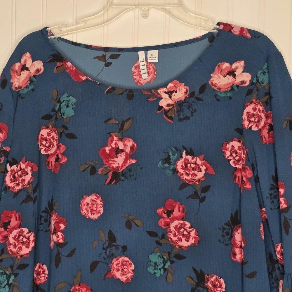 Elle Blouse Womens XL Blue Floral Bell Sleeve Pullover Top Pink Teal Rose Print - Picture 4 of 12